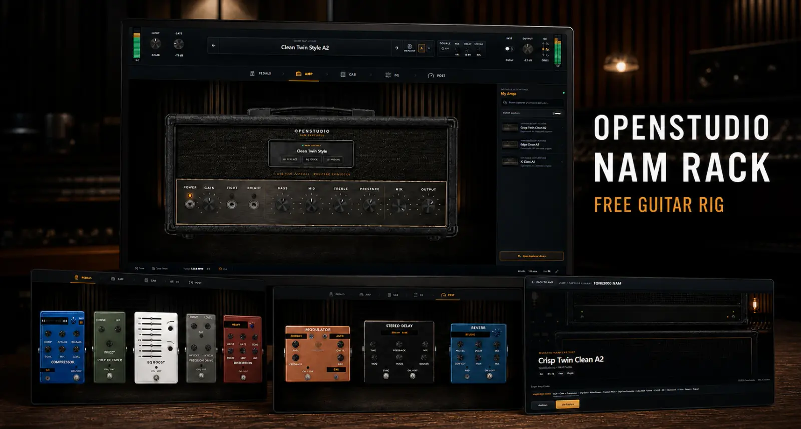OpenStudio NAM Rack amp, pedals, post effects, and TONE3000 capture browser arranged in a music studio.